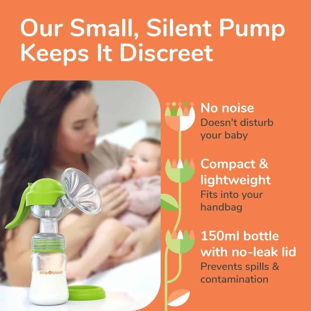 Extractor de leche de Silicona Littlebloom – Extractor leche materna 100% libre de BPA Manos Libres con Diseño Mejorado y Cómodo y con Tapas